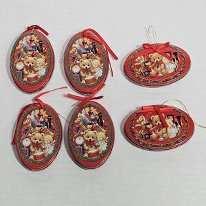 Morehead Enesco Set Of 6 Teddy Bear Tin Christmas Tree Ornament 3” X 2” Vtg